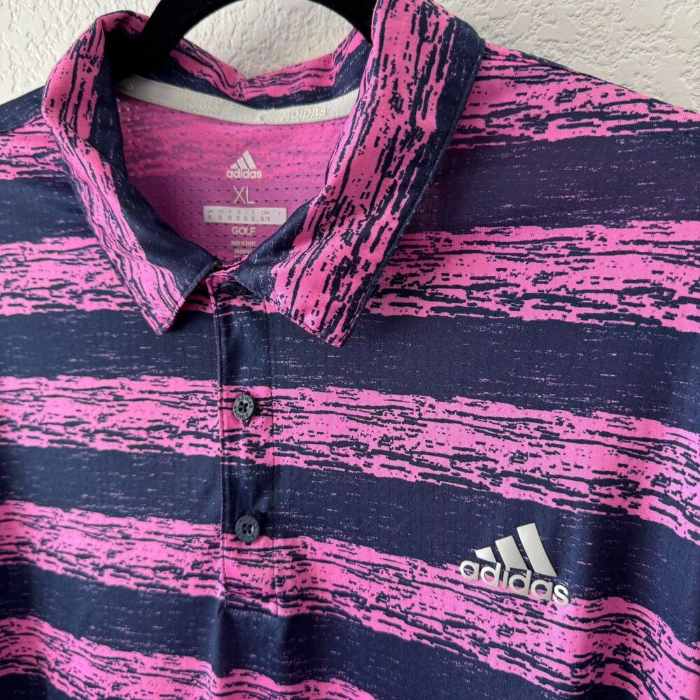 Adidas Size XL Men's Golf Polo Pink and Crew Navy Painted Stripe Moisture Absorb